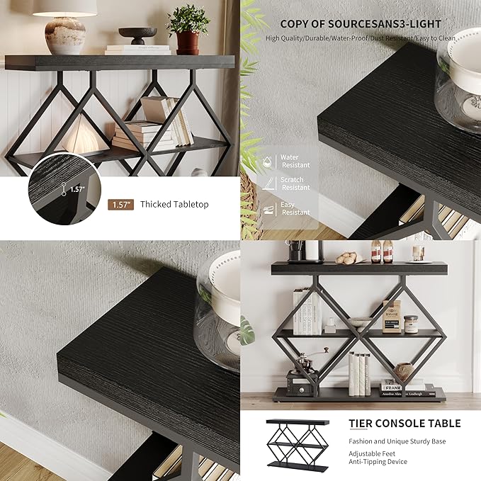 Garvee 3-Tier Entryway Table, Industrial Console Sofa Table with Storage, Accent Table with Open Shelves, Diamond-Shaped Metal Frame, Foyer Table for Entryway, Hallway, Black