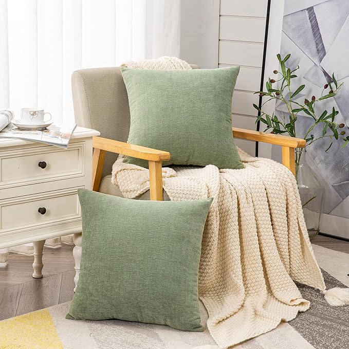 GAWAMAY Decorative Square Sage Green Throw Pillow Covers 20"x20" Inch Set of 2, Super Soft Chenille Pillows Cover, Farmhouse Fall Pillowcase for Living Room Bedroom Sofa Couch Cushion Cover 50x50cm