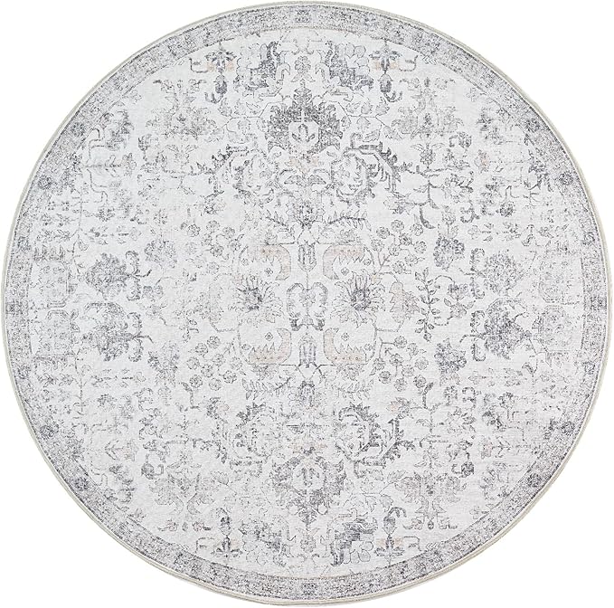 jinchan Kalen Round Rug 5ft Area Rug Washable Vintage Indoor Retro Entryway Floor Cover Distressed Gray Floral 5' Round Circle Boho Non Slip Thin Carpet for Bedroom Living Room Dining Room Grey