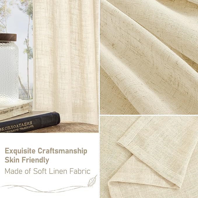 LAMIT 54 Inch Semi Sheer Window Linen Curtains, Light Filtering Panels Back Tab and Rod Pocket Neutral Drapes for Bedroom/Small Window, Beige, 2 Panels, 34 x 54 Inch