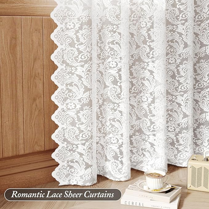 Pure White Lace Sheer Curtains – Vintage Floral Lace for Living Room/Bedroom, Light Filtering Rod Pocket Window Drapes Privacy Chic Window Treatments, 52W x 108L Inch, 2-Panel Set