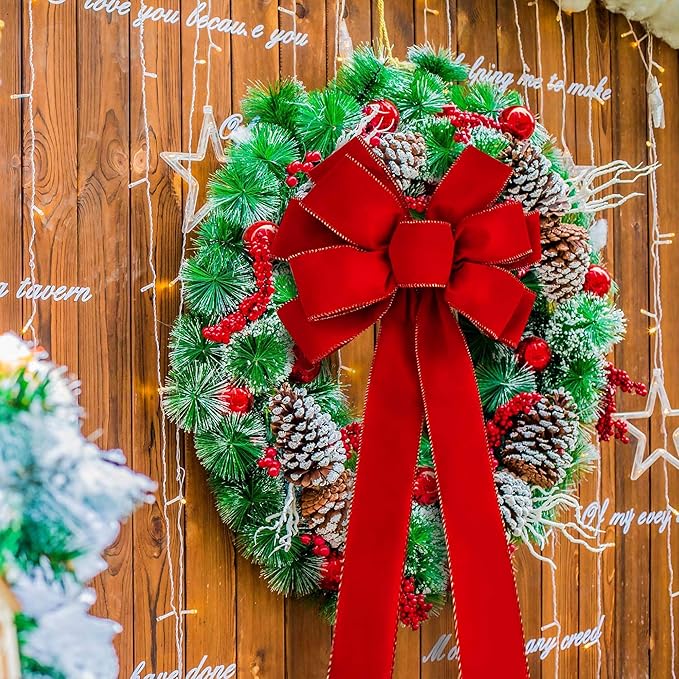 Iceyyyy 6 PCS Large Christmas Bow - 30.7" x 10.6" Christmas Valentine's Day Golden Edged Red Velvet Wreath Bow Christmas Tree Topper Ornament Bow for Christmas Home Wreath Tree Decoration