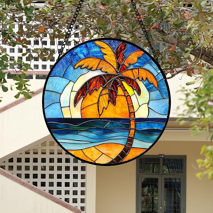 Stained Glass Window Hanging 4 Pcs Set Blue Orange Ocean Beach Theme Large 11.8" - Suncatcher Door Garden Sun Catcher Decor Birthday Christmas for Mom Woman Nana Men Wife