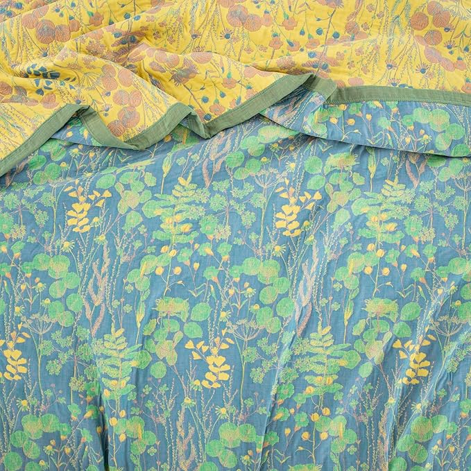 100% Cotton Muslin Botanical Blanket Jacquard Floral Plants Pattern Quilt, Soft Bed Cover Lightweight Breathable Gauzy Reversible Bedspread Coverlet Bedding Twin(59"x94"), No Pillow Sham