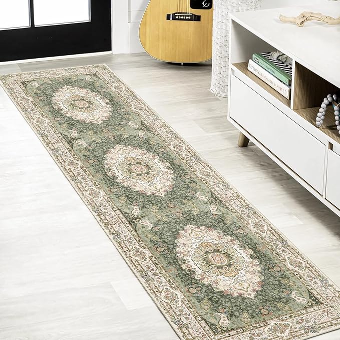 Washable Runner Rug 2x8,Green Rug Runners Non Slip,Long Boho Rugs for Hallways Kitchen Bedroom Entryway Living Room Bathroom,Vintage Bohemian Distressed Floor Carpet,Floral
