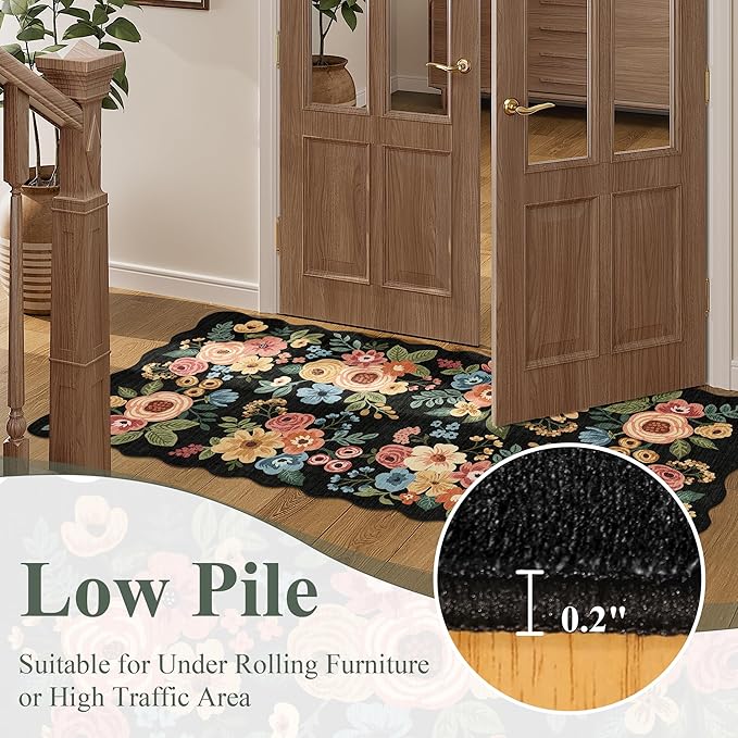 DUKINO 5x7 Area Rug, Floral Washable Rugs for Living Room with Non Slip Backing & Non-Shedding, Lightwight Low Pile Boho Design Large Carpets for Bedroom, Living Room, Dining Room, Black