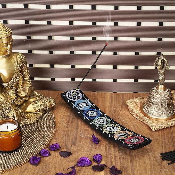 Ajuny Soapstone Incense Holder for Sticks Incense Cone Burner with Ash Catcher 7 Chakra Tray Strip Heat Resistant Yoga Meditation Spiritual Home Office Spa Hotel Fragrance Gift (Black,10 x 2 Inch)