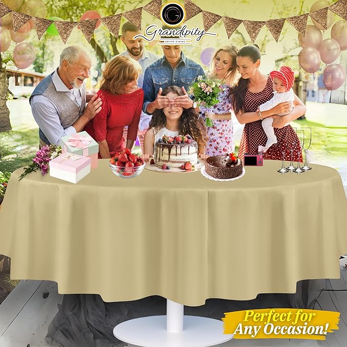 Grandipity 12 Pack Premium Disposable Plastic Tablecloth 84" Inch Decorative Round Table Cover - Beige