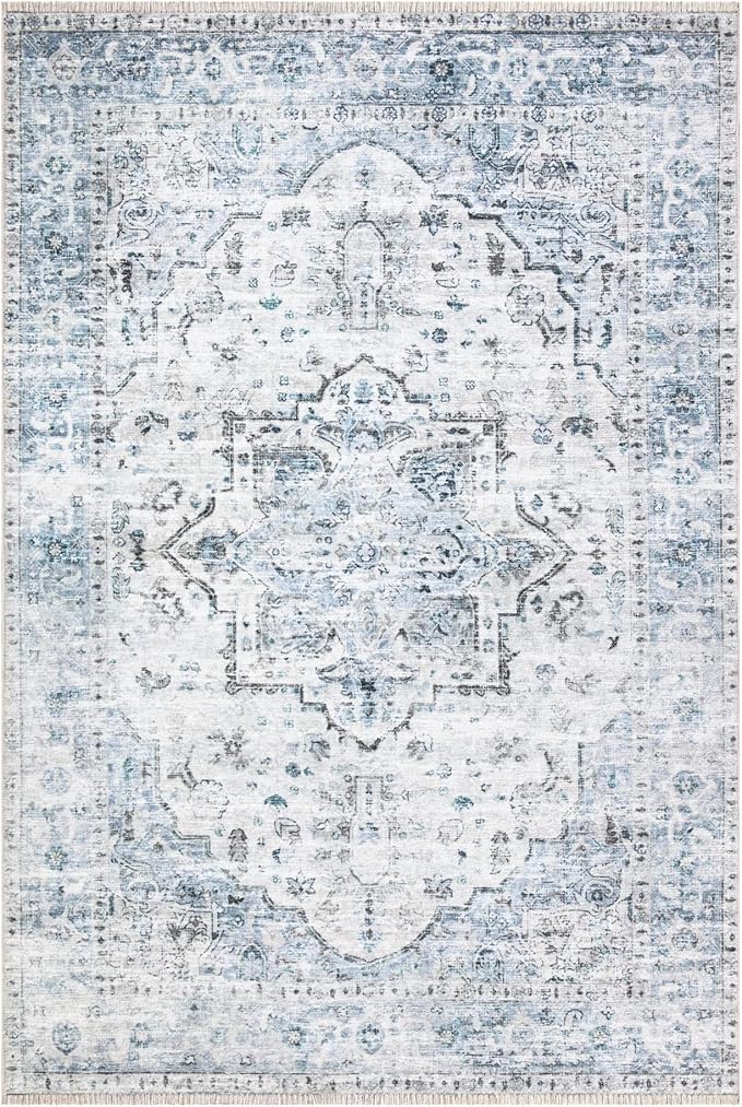 Bloom Rugs Caria Washable Non-Slip 9x12 Rug - Ivory/Blue/Gray Traditional Area Rug for Living Room, Bedroom, Dining Room, and Kitchen - Exact Size: 9' x 12'