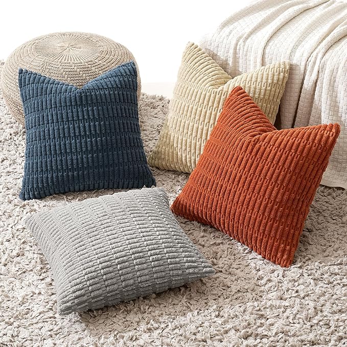 MIULEE Pack of 4 Boho Farmhouse Blue and Orange Corduroy Decorative Throw Pillow Covers 18x18 Inch Modern Retro Soft Striped Pillow Covers Home Decor for Sofa Living Room Couch Bed