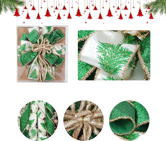 Christmas Tree Topper Bow, 43" Christmas Wreath Bows Green and White Ribbon Ornaments with Tassels Snowflakes and Glitter, Home Decor for Holiday Xmas Decoration Home Parties Wedding Gift