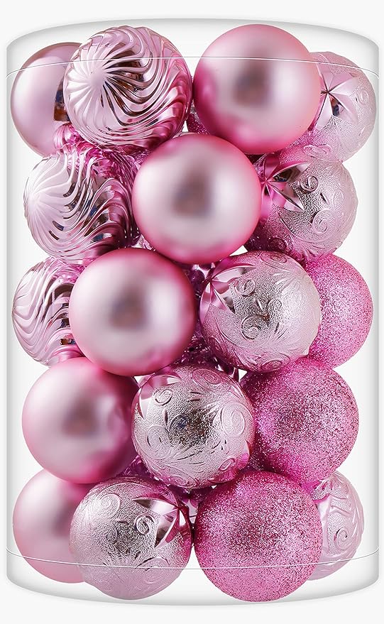 34ct Pink Christmas Ball Ornaments Shatterproof Plastic Christmas Tree Decorations for Xmas Party Home Office Holiday Decor -Medium Size (2.36"/ 60mm)