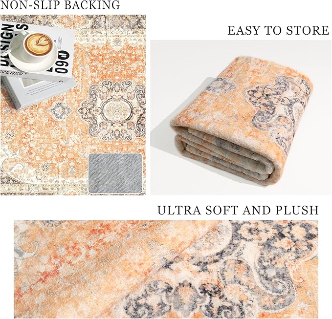 Boho Rug 3x5,Washable Area Rugs for Bedroom Living Room Kitchen Entryway,Small Vintage Bohemian Farmhouse Distressed Non Slip Carpet,Retro Orange Grey Floral