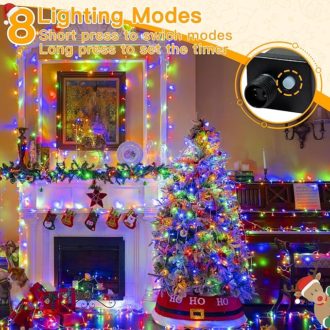 Ollny Christmas Lights 200LED 60FT Indoor, Multicolor Connectable Plug in String Light Outdoor, 8 Modes Waterproof Timer LED Fairy Lights for House Outside Bedroom Patio Balcony