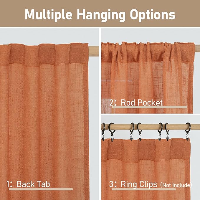 LAMIT 95 Inches Long Linen Curtains for Living Room, Back Tab and Rod Pocket Semi Sheer Curtains Light Filtering Farmhouse Drapes for Bedroom/Dining Room, Burnt Orange, Set of 2, 52 x 95 Inch