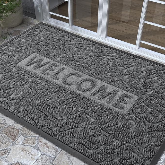 Yimobra Large Welcome Mat 60x36, Waterproof Non-Slip Outdoor Mats for Front Door Outside Entrance, Low-Profile Entryway Mat Indoor for Garage Patio, Grey
