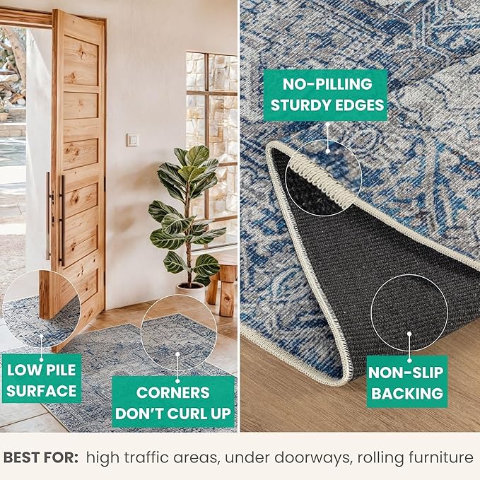Bloom Rugs Washable Non-Slip 9' x 12' Rug - Blue/Gray Traditional Area Rug for Living Room, Bedroom, Dining Room, and Kitchen - Exact Size: 9' x 12'