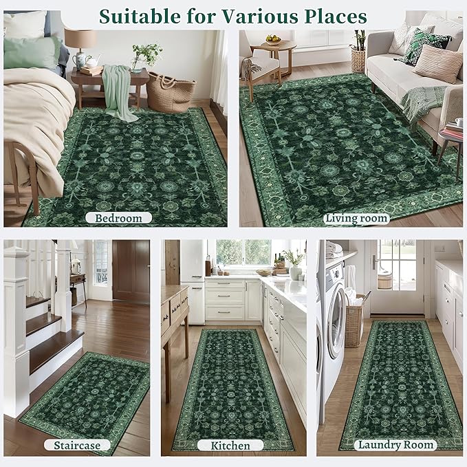 Tangsoo Green Washable Entry Rug, 2x3 Small Area Throw Rugs for Entryway Non Slip, Distressed Vintage Floral Thin Rug for Kitchen Bedroom, Low Pile Floor Carpet Front Door Mat for Entrance Foyer Decor
