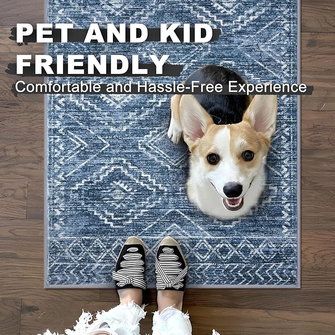 KILOCOCO Boho Entryway Rug 3x5 Area Rug Washable Non Slip Printed Throw Rugs Soft for Kitchen Living Room Dining Bedroom Geometric Moroccan Carpet, Blue