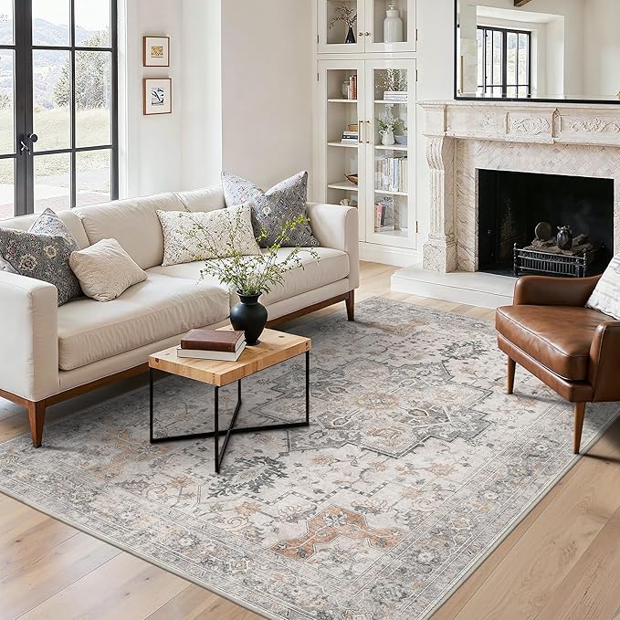 5X7 Area Rugs for Living Room, Machine Washable Non Slip Vintage Rugs, Low Pile Lightweight Print Rug for Bedroom, Dining Room, Home Office, Light Taupe Brown