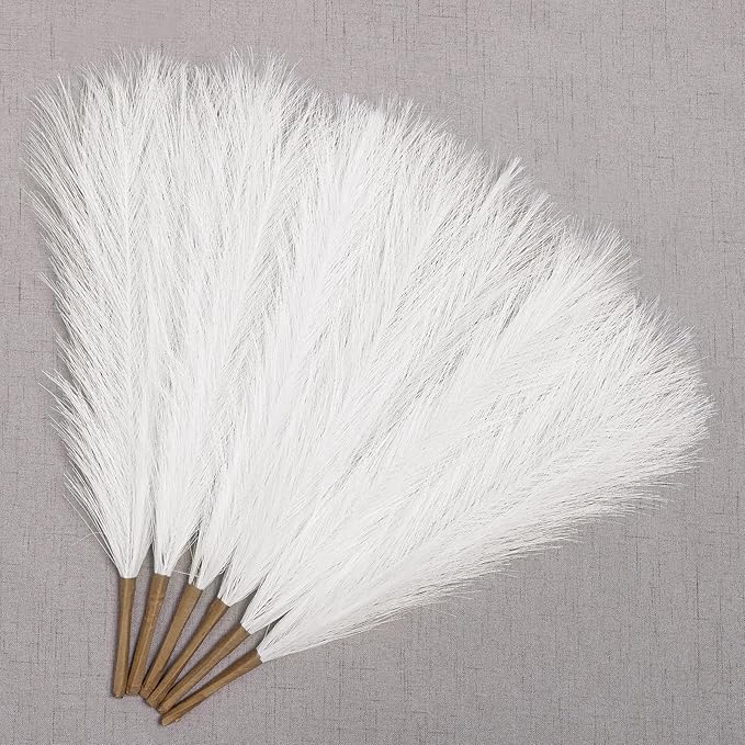 Faux Pampas Grass Decor 17.7 Inch 6pcs, Artificial Pampas Grass Fluffy Home Decor, Short Vase Room Decor pompous Grass Flower Arrangement for Boho Home Wedding Decoration (Milky White)