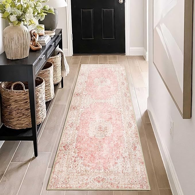 Washable Runner Rug 2x6,Pink Rug Runners Non Slip,Long Boho Rugs for Hallways Kitchen Bedroom Entryway Living Room Bathroom,Vintage Bohemian Distressed Floor Carpet,Blush