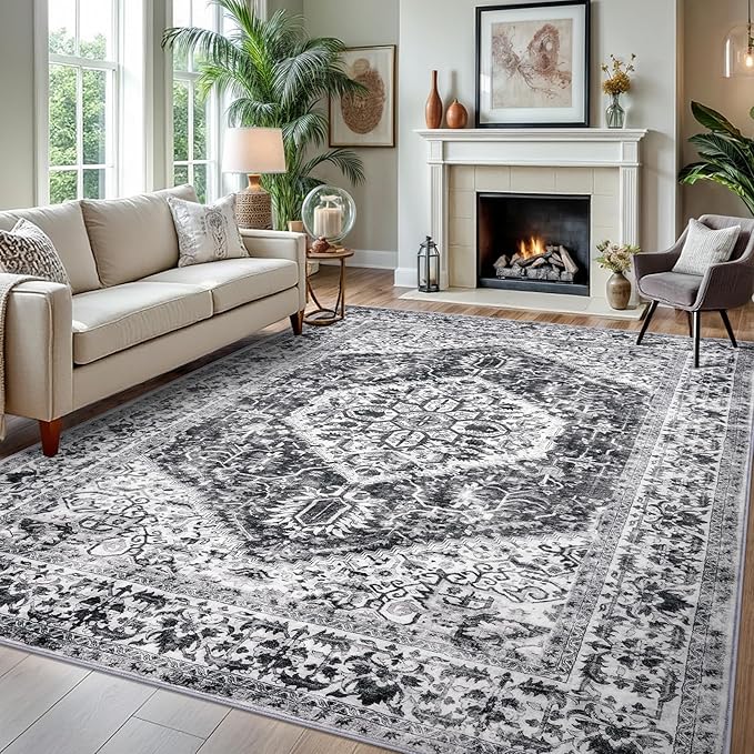 KOZYFLY Boho Area Rug 8x10 Ft Thin Rugs for Living Room Washable Bedroom Rug Non Slip Rugs for Dining Room Printed Faux Wool Rectangular Rug Floor Carpet for Dining Room Living Room, Grey