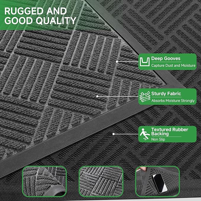 Front Door Mat, Heavy Duty Indoor Outdoor Doormat, 48" x 24" Low Profile Outdoor Mats for Home Entrance, Stain and Fade Resistant Welcome Mat Ideal for High Traffic Area, Diamond Grey