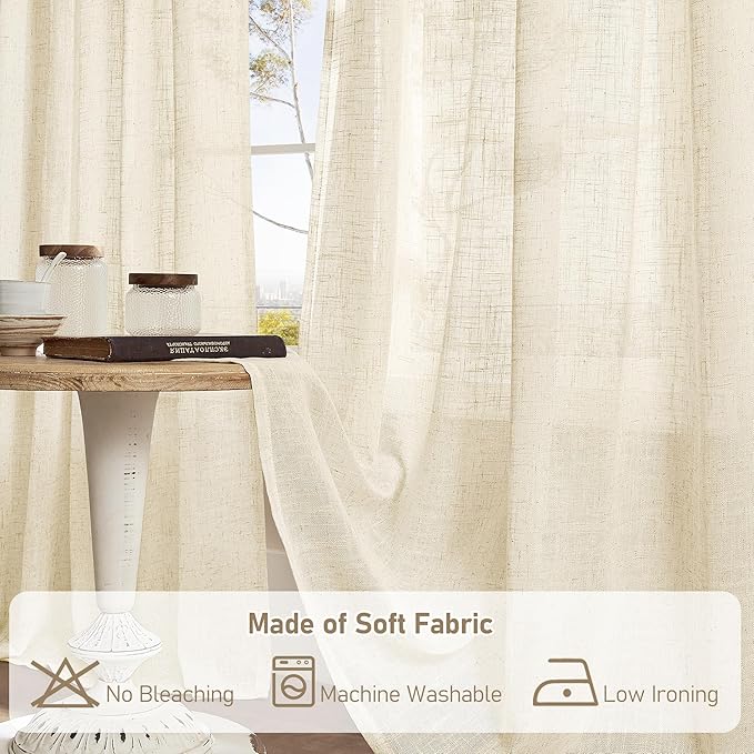 LAMIT Short Linen Window Curtains 40 Inch Length 2 Panels, Beige Semi Sheer Light Filtering Panels Back Tab and Rod Pocket Neutral Drapes for Basement/Window/Loft Room, 34 x 40 Inch