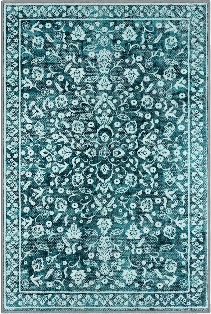 Vintage Entryway Rug Indoor, Dark Teal Washable Rug 2x3, Small Area Rug with Non-Slip Backing, Floral Print, Thin Faux Wool Super Soft Door Mat for Kitchen, Entrance, Bedroom, Office