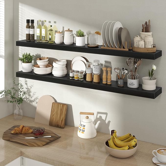 48 Inch Floating Shelves for Wall 2 Pack, 48" Wall Shelves for Books, Storage, Decor, Wall Mounted Floating Shelf with Invisible Brackets for Kitchen, Living Room, Black