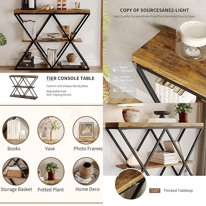 Garvee 3-Tier Entryway Table, Industrial Console Sofa Table with Storage, Accent Table with Open Shelves, X-Shaped Metal Frame, Foyer Table for Entryway, Hallway, Rustic Brown