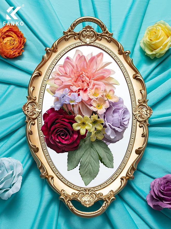 FANKO Artificial Flowers Rainbow Rose, Mixed Combo Fake Silk Flowers Blue & Red Rose Purple Burgundy Roses with Dahlia Assorted Blooms for DIY Wedding Bridal Bouquets/Centerpieces/Home Decor