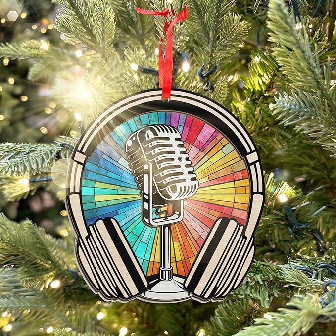 GEEMBI Christmas Microphone Ornament - Suncatcher Microphone Christmas Ornaments 2025 for Tree Decorations - Music Teacher Gifts for Men Women Musicians Friends, Music Ornaments, Stocking Stuffers