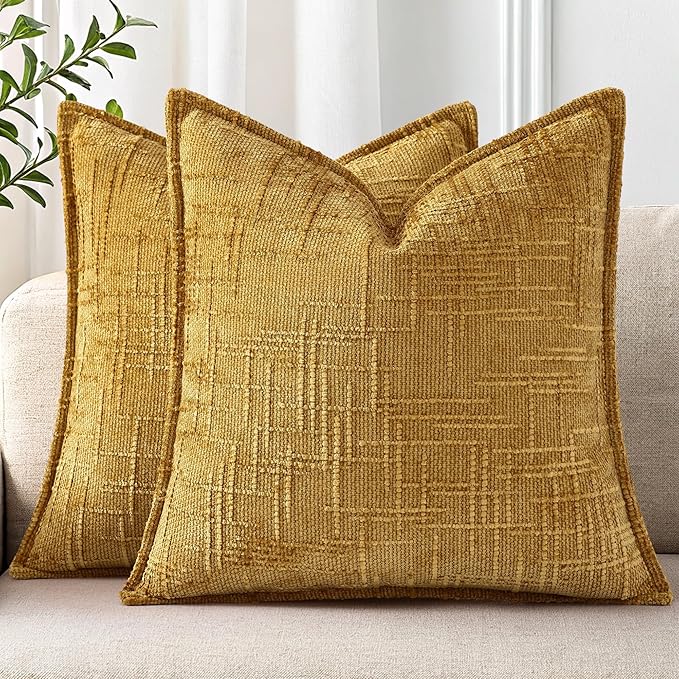 decorUhome Chenille Throw Pillow Covers 16x16 Set of 2, Thick Textured Slubby Neutral Decorative Pillow Covers with Elegant Design for Couch, Sofa, Living Room, Mustard Yellow