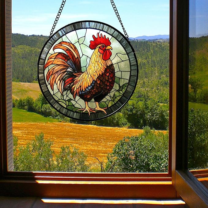 Stained Glass Window Hanging - Rooster Suncatcher for Doors Garden Patio Retro PColored Chicken Sun Catchers Decor Christmas Mother's Day Birthday Gifts for Women Men Mom Nana Friend 7.8 in