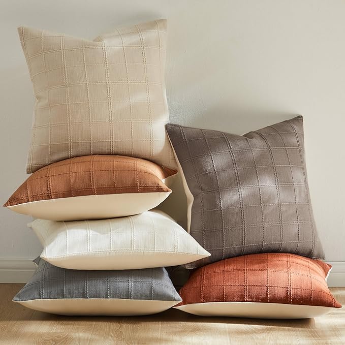 ZeeMart Linen Checked Throw Pillow Covers Set of 2, 16x16 Inch Blue Ashes/Cream, Farmhouse Decorative Single Sided Grid Embroidered Couch Pillow Cases Blue Grey Cotton Linen Cushion Covers