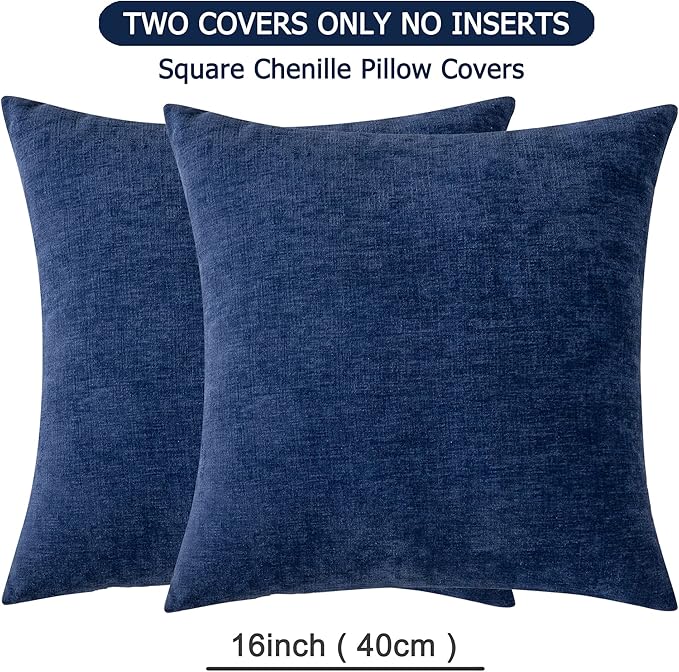GAWAMAY Decorative Throw Pillow Covers 16x16 Inch Set of 2, Super Soft Chenille Square Pillows Farmhouse Fall Pillowcase for Living Room Bedroom Sofa Couch Cushion Cover Navy Blue 40x40cm