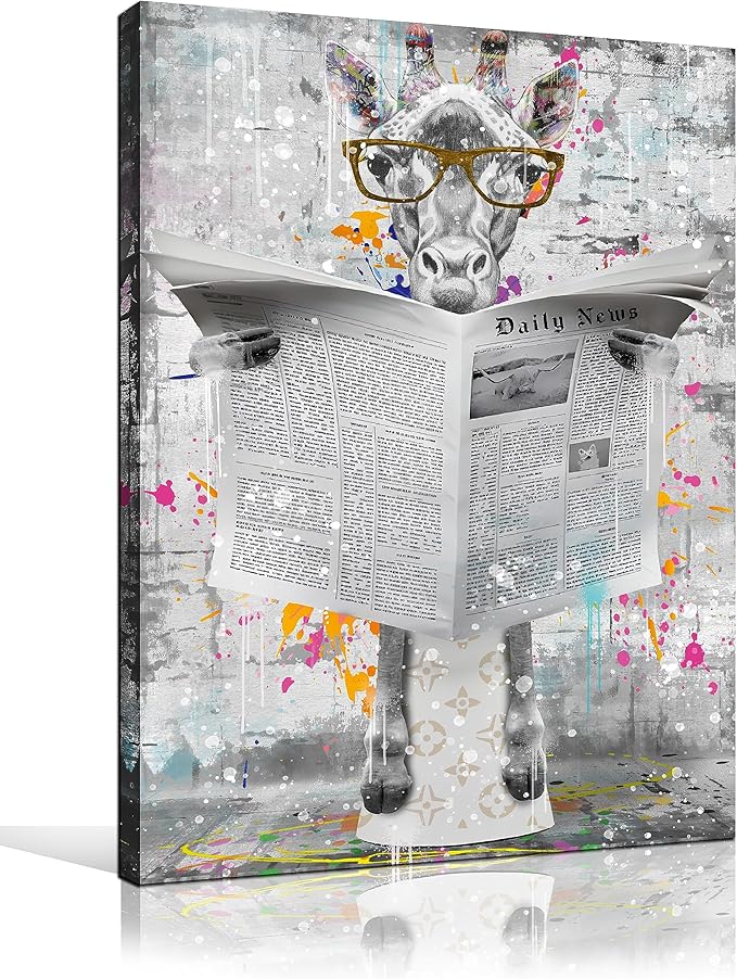 GUGIKA Giraffe Wall Art for Bathroom, Funny Graffiti Animal Picture Aesthetic for Bedroom, Black and White Wall Decor for Living Room, Big Restroom Decor, 24x36 Inch
