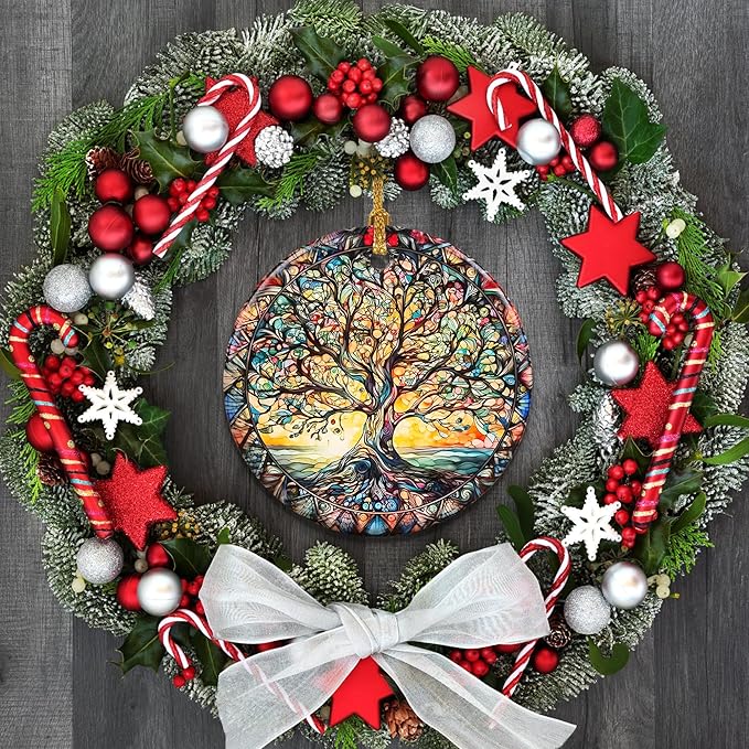 Stained Ceramic Tree of Life Ornament - Christmas Decorations for Office, Room, Home - Holiday Present Ideas