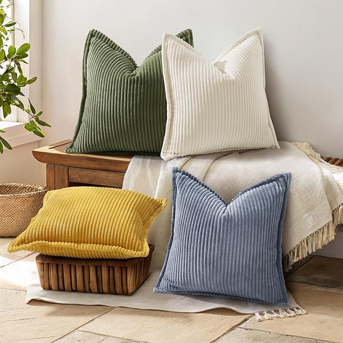 decorUhome Corduroy Blue Grey Throw Pillow Covers 16x16 Set of 2 Decorative Soft Boho Farmhouse Euro Couch Pillow Covers for Living Room Bed Sofa Broadside Striped Pillow Cases