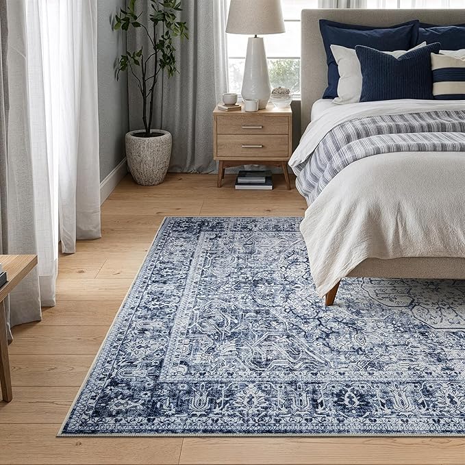 Bloom Rugs Washable Non-Slip 4' x 6' Rug - Ivory/Denim Blue Traditional Medallion Area Rug for Living Room, Bedroom, Dining Room, and Kitchen - Exact Size: 4' x 6'