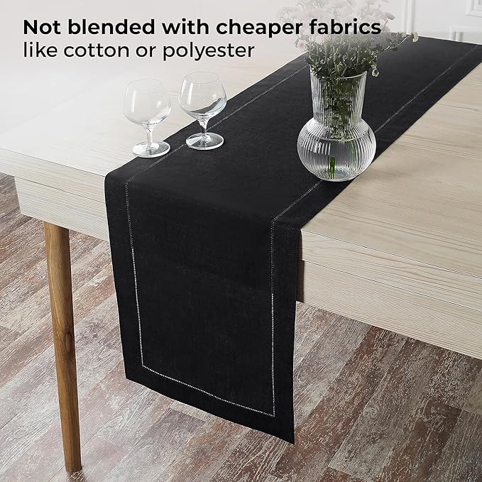 D'Moksha Homes Linen Black Table Runner 84 Inches Long - 100% Pure Linen Table Runner 14 x 84 Inch for Spring, Easter - Classic Hemstitch