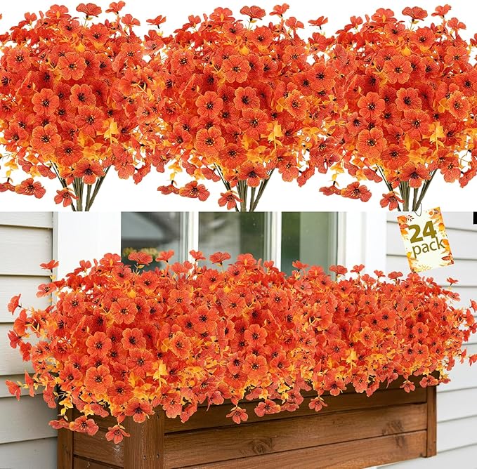 24 Bundles Artificial Fall Flowers Outdoor UV Resistant Fake Mums Bulk Outdoor Faux Mums Plants Plastic Flower Decorations for Home Garden Porch Hanging Planter Vase Autumn Decor Outside, Orange
