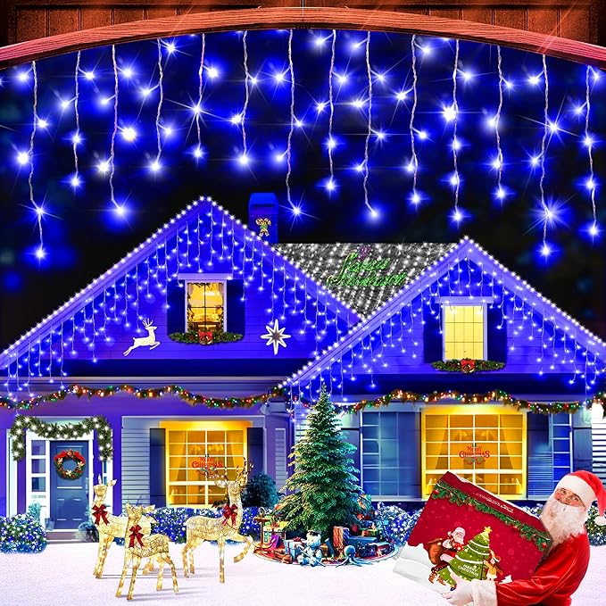 XURISEN 132ft Christmas Lights Decorations Outdoor, 1280 LED 8 Modes Fairy Lights with 240 Drops,Plug in Waterproof Timer Memory Function for Christmas Holiday Wedding Party Decorations(Blue)