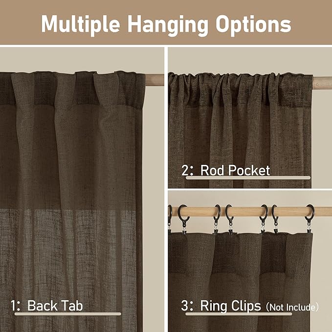 LAMIT Linen Curtains 30 Inch Length for Cafe, Semi Sheer Light Filtering Panels Back Tab and Rod Pocket Neutral Drapes for Basement/Window/Loft Room, Dark Brown, 2 Panels, 34 x 30 Inch