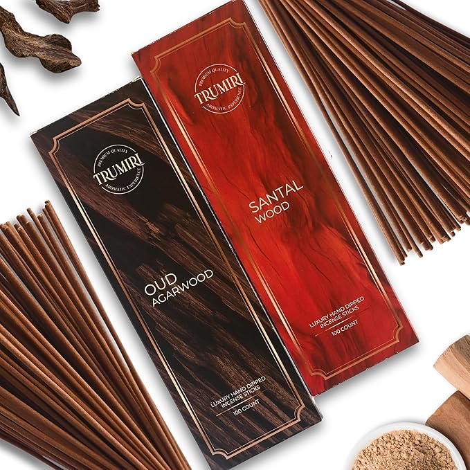Oud Agarwood & Santal Wood - Combo Pack of Incense Sticks - 100 Insence-Sticks of Each Scent - Total 200 Inscents - Natural Insense Made with Non Toxic Ingredients and Essential Oils