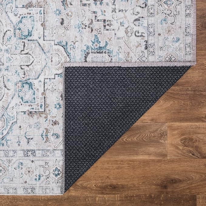 Bloom Rugs Washable Non-Slip 2x3 Rug - Seashell/Teal Blue Traditional Oriental Area Rug for Living Room, Bedroom, Dining Room, and Kitchen - Exact Size: 2' x 3'