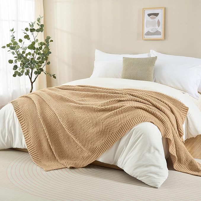 Knitted Throw Blanket 60"X80", Tan Brown Knit Throws for Bed, Super Soft Boho Chevron Blankets for Couch Sofa Chair Room Decor, Textured Decorative Farmhouse Cozy Lightweight
