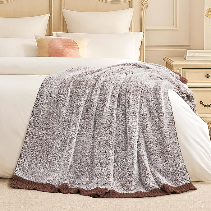 Amélie Home Knit Throw Blanket for Couch, Super Soft Fuzzy Blanket for Sofa, Luxury Cozy Fluffy Throw for Room Decor, 50" x 60", Heather Brown